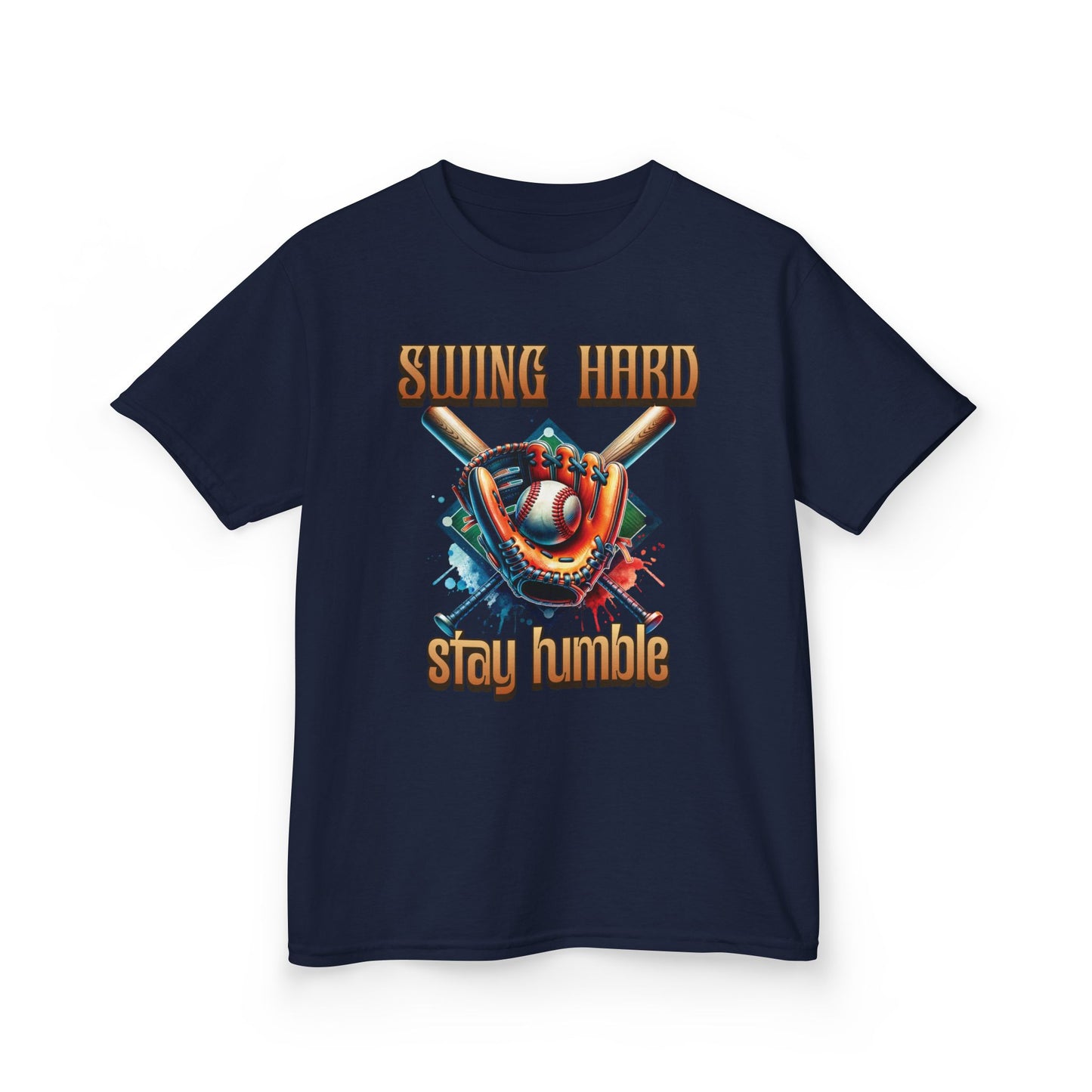 Youth Baseball Tee: 'Swing Hard, Stay Humble' Design