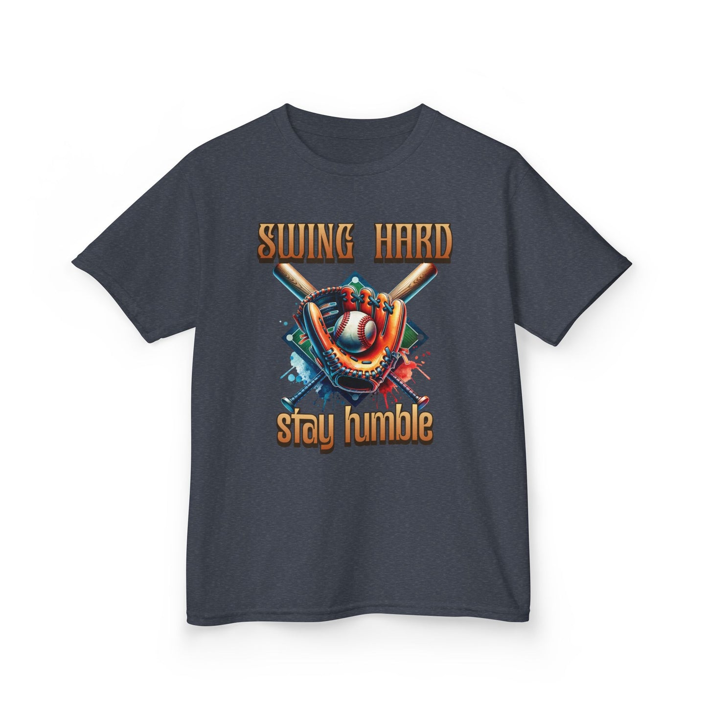 Youth Baseball Tee: 'Swing Hard, Stay Humble' Design