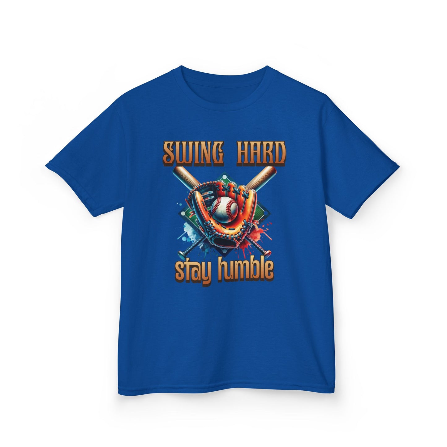 Youth Baseball Tee: 'Swing Hard, Stay Humble' Design