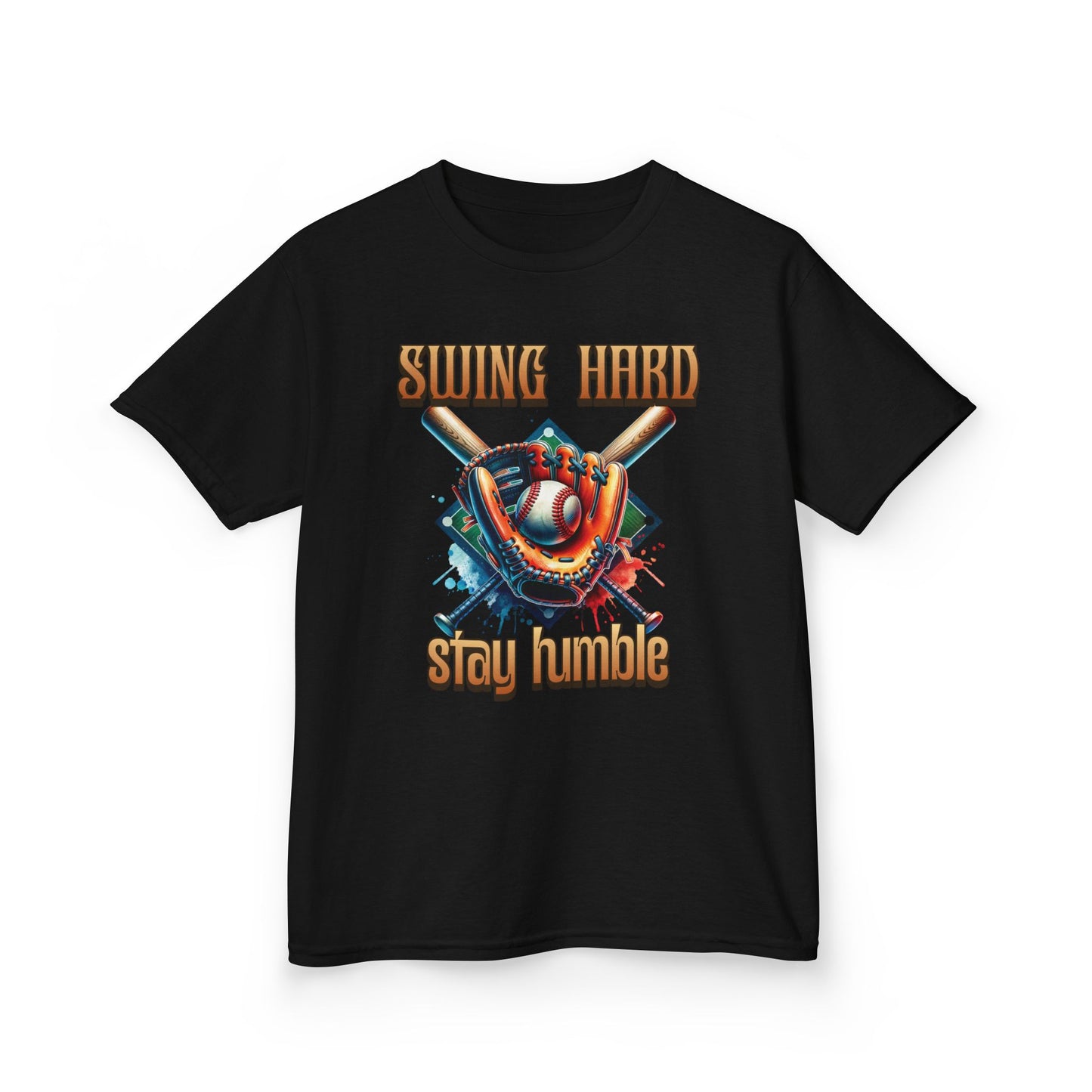 Youth Baseball Tee: 'Swing Hard, Stay Humble' Design