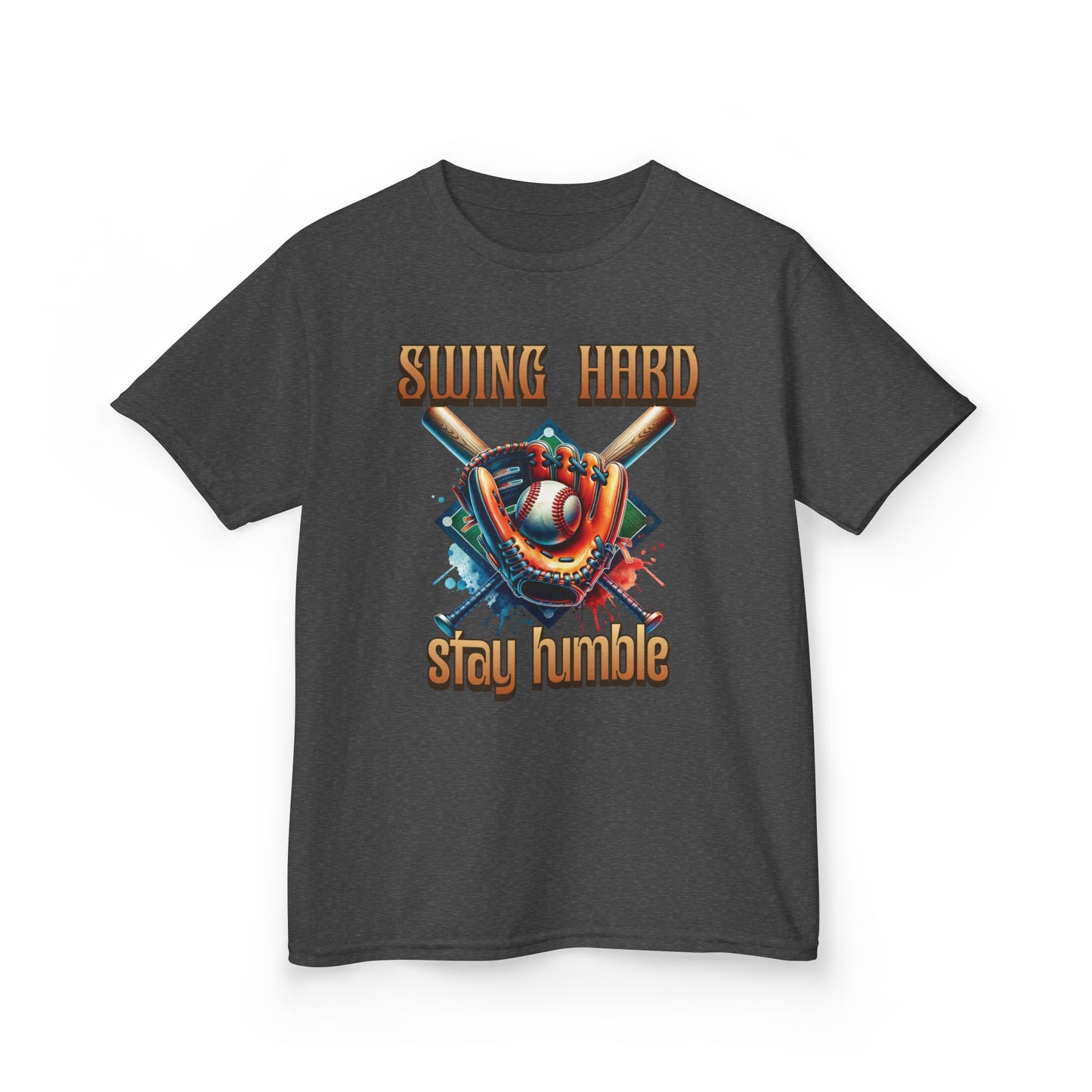 Youth Baseball Tee: 'Swing Hard, Stay Humble' Design