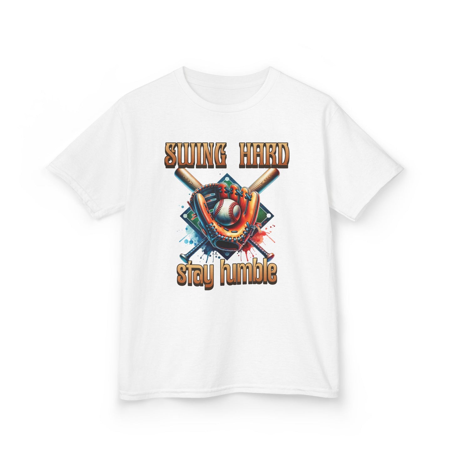 Youth Baseball Tee: 'Swing Hard, Stay Humble' Design