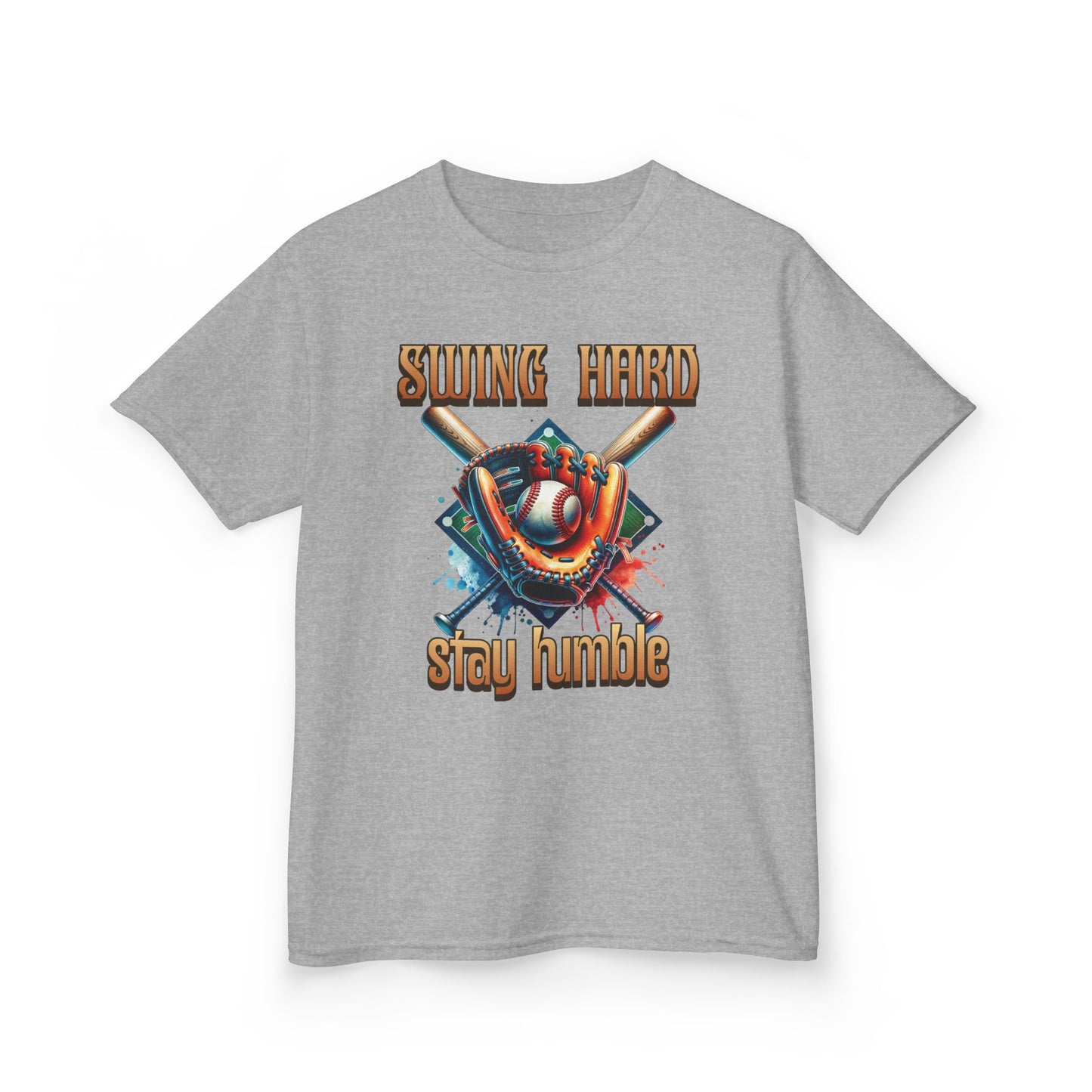 Youth Baseball Tee: 'Swing Hard, Stay Humble' Design