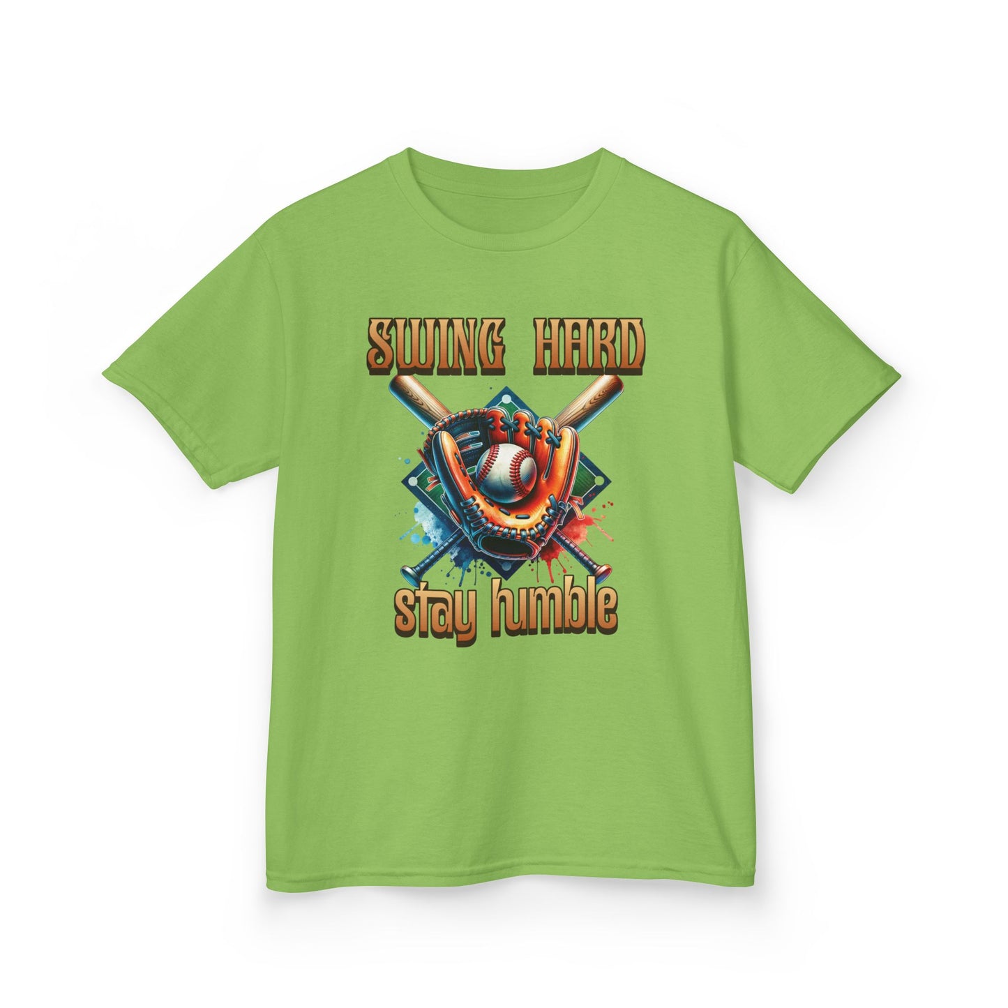 Youth Baseball Tee: 'Swing Hard, Stay Humble' Design