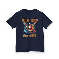 Youth Baseball Tee: 'Swing Hard, Stay Humble' Design