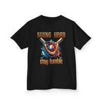 Youth Baseball Tee: 'Swing Hard, Stay Humble' Design