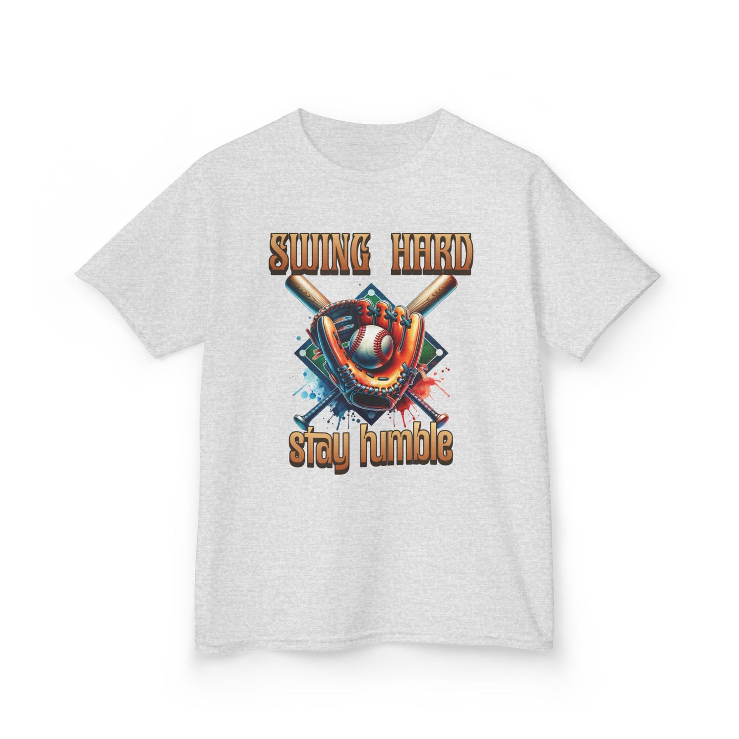 Youth Baseball Tee: 'Swing Hard, Stay Humble' Design