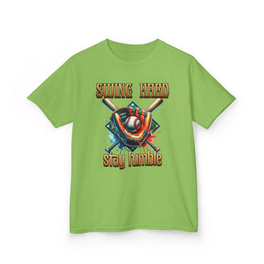 Youth Baseball Tee: 'Swing Hard, Stay Humble' Design