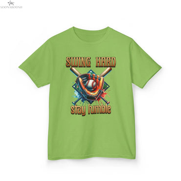 Youth Baseball Tee: 'Swing Hard, Stay Humble' Design Printify