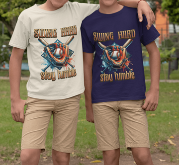 Youth Baseball Tee: 'Swing Hard, Stay Humble' Design